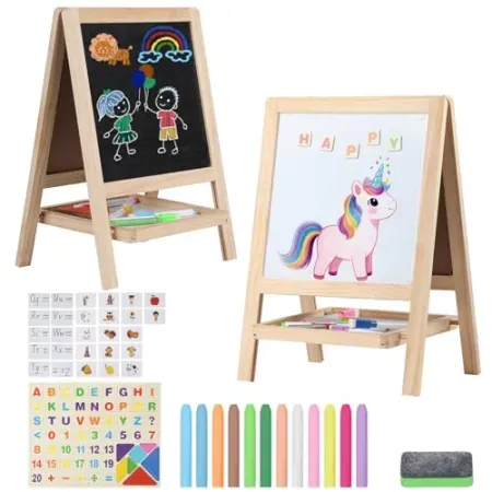 Kileubuto Kids' 4-in-1 Double-Sided Drawing Board/Tabletop Painting Wooden Art Easel