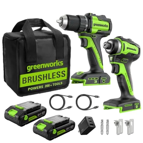 Greenworks 24V Cordless Brushless 400 in-lbs Drill/Driver+1950 in-lbs Impact Driver Combo