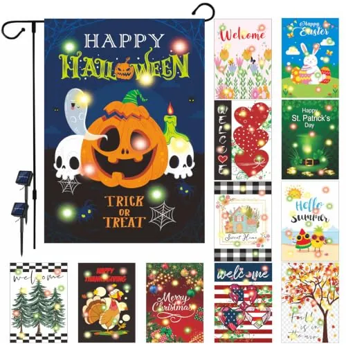 12 Pcs Double Sided Solar LED Seasonal Garden Flags