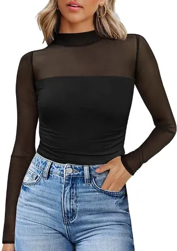 WIHOLL Long Sleeve Mesh Turtle Necks Tops