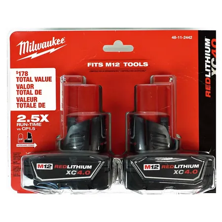 2-Pk Milwaukee M12 12V REDLITHIUM XC Extended Capacity 4.0 Ah Batteries