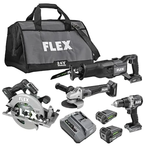 FLEX 24V Brushless Cordless 4-Tool Combo Kit with 2.5Ah, 5.0Ah Batteries