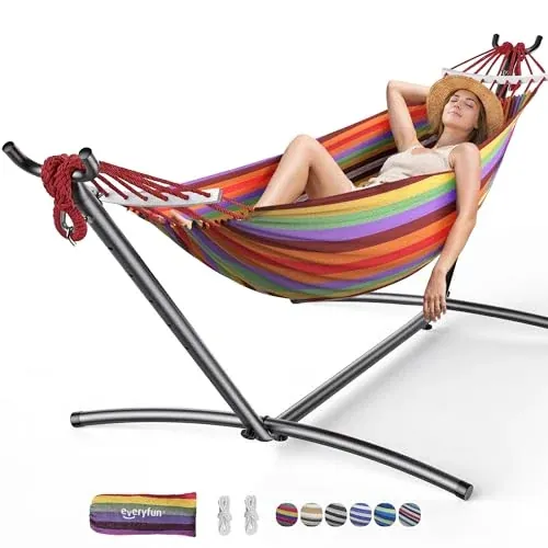 Everyfun 600-Lb Capacity 2-Person Hammock w/ Steel Stand & Carrying Bag (Rainbow)