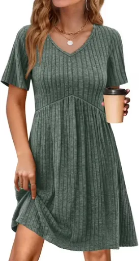 Fantaslook Short Sleeve V Neck Summer Midi Dress with Pockets