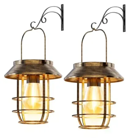 2-Pack Ahaorigin Retro Metal Hanging Solar Lanterns w/ Wall Hooks