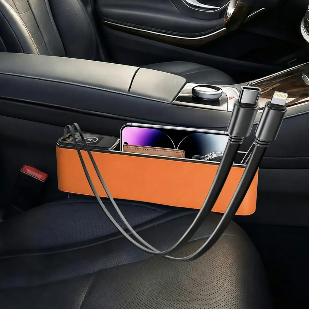 Car Seat Gap Filler Organizer w/ 69W Retractable Car Charger