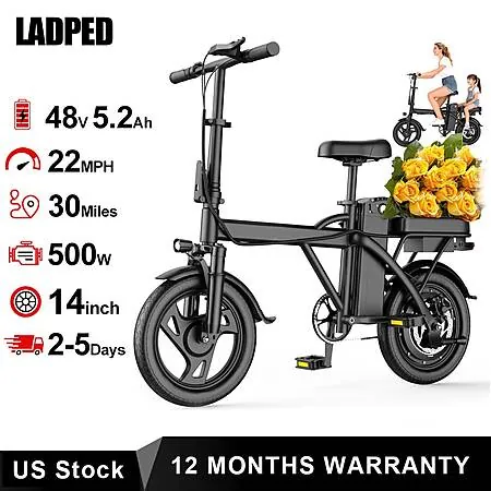 14" LADPED 500W Foldable Electric Bike (22 MPH / 30 Mi. Range)