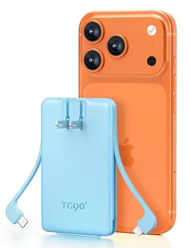 TG90 5000mAh Slim Portable Charger w/ Built-In AC Wall Plug & Cables