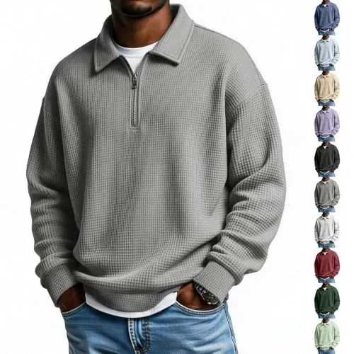 Long Sleeve Waffle Quarter-Zip Polo Pullover