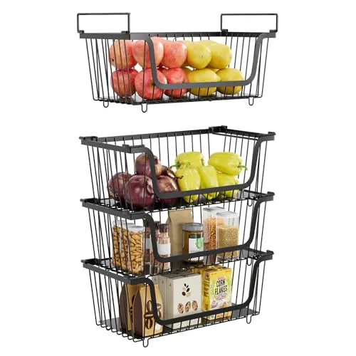 XILIDIA Stackable Wired Metal Pantry Organizer Baskets 4-Pack