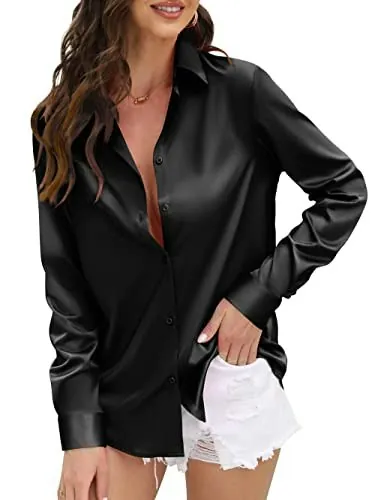 Women's Satin Long Sleeve Button-Down Blouse