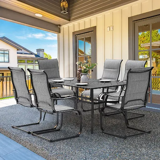 Nuu Garden 7-Piece Curved Leg Table Patio Dining Set with 6 Light Gray C-spring Chairs
