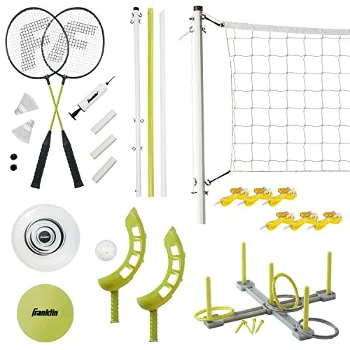 Franklin Sports Outdoor Fun 5 Combo Set w/ Volleyball, Badminton (Yellow)