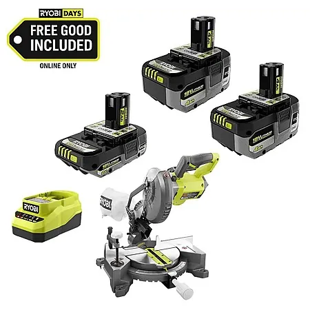 RYOBI ONE+ 7-1/4" Cordless Compound Miter Saw w/ 2x 4.0 Ah + 2 Ah Batts & Charger