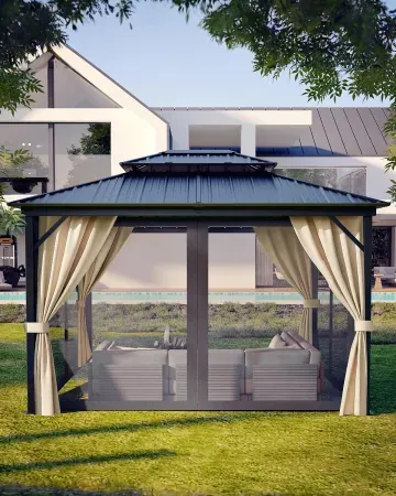 KYBOLT 10' x 14' Hardtop Gazebo with Double Roof, Nettings and Curtains