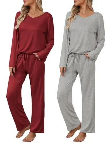 Ekouaer Women's 2 Pack Long Sleeve Pajama Sets