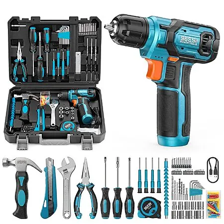 108-Pc Seesii Cordless Drill Home Tool Kit w/ 12Nm Torque & 2000mAh Battery