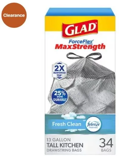 Glad MaxStrength Drawstring Odor Shield Tall Kitchen Trash Bags Febreze Fresh Clean 13 Gallon 34 Count
