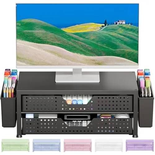 OPNICE 2-Tier Computer Monitor Stand Riser with Drawer and 2 Pen Holders Matte Black