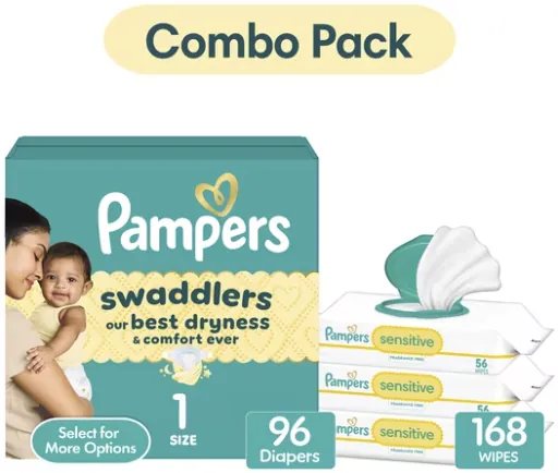 Pampers Swaddlers Size 1 Diapers (96 Count) & Sensitive Wipes (168 Count) Bundle