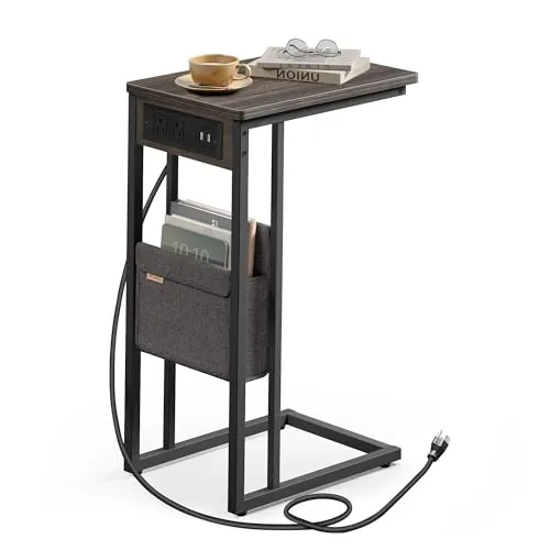 VASAGLE C-Shaped Side Table with Power Strip, Storage Bag, Adjustable Feet