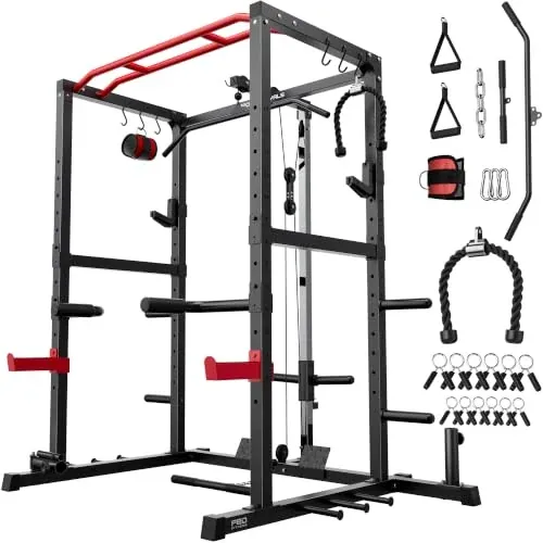 Sportsroyals Multi-Functional Power Cage Squat Rack w/ LAT Pull Down & Pulley System