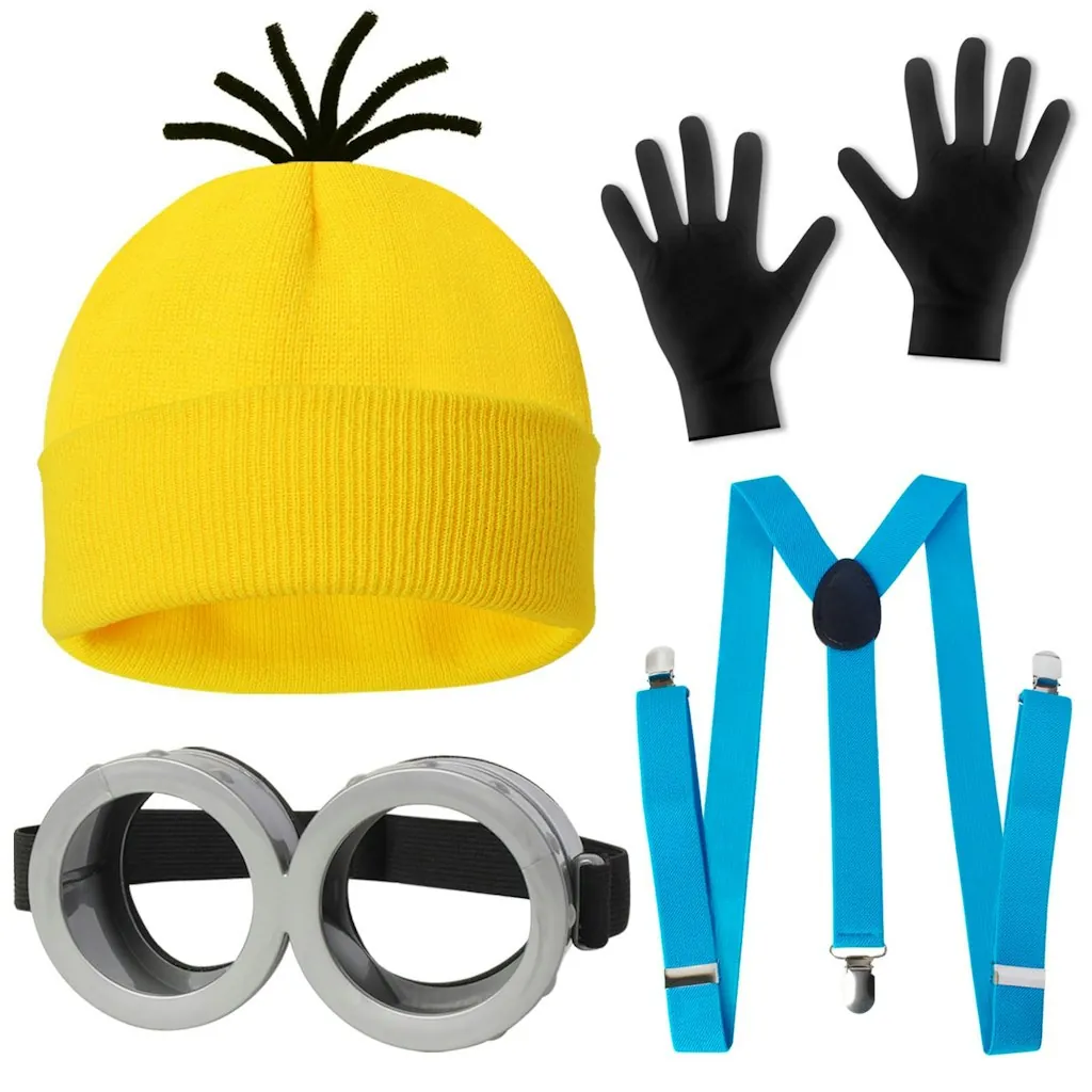 4pcYellow Costume Set w/ Hat, Goggles, Gloves & Suspenders