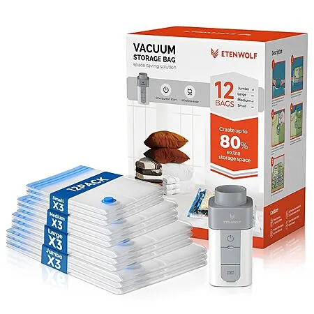 12-Pk ETENWOLF Cordless Vacuum Storage Bags w/ USB-C Rechargeable Air Pump