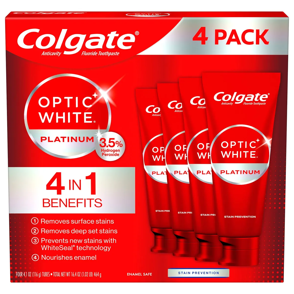 Colgate Optic White Platinum Toothpaste 4.1 oz 4-Pack