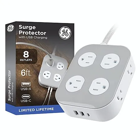 Select Areas: GE 8-Outlet + 3 USB 1500J Surge Protector w/ 6" Flat Plug