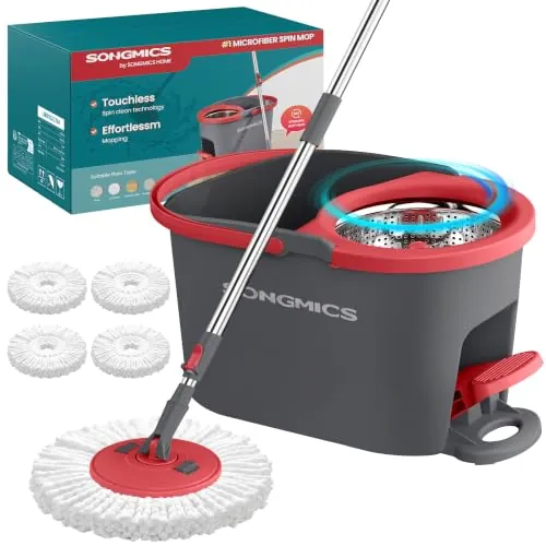 SONGMICS Spin Mop & Bucket Set w/ Pedal Wringer & 4x Microfiber Pads