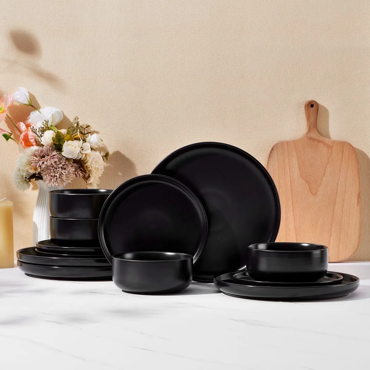 Vesteel Dinnerware Sets for 4, 12-Piece Stoneware Dish and Bowls Set