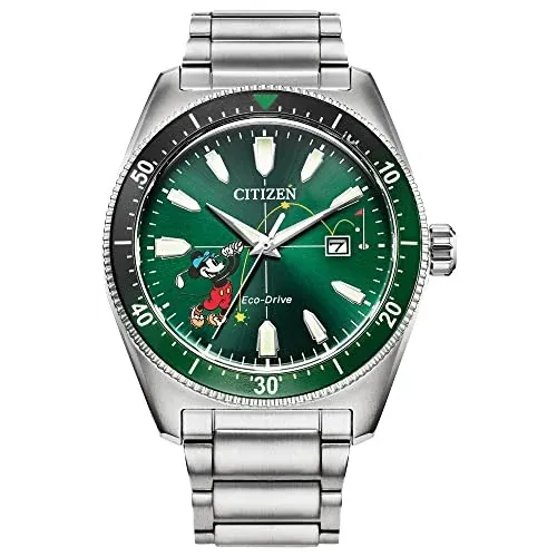 Citizen Eco-Drive Men's Disney Mickey Mouse Tee Time Stainless Steel Watch, Green Dial, 43mm