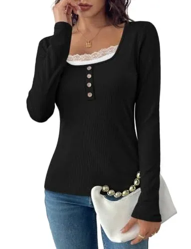 Long Sleeve Lace Trim Scoop Neck Ribbed Shirts