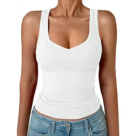 GKBK Women's Ribbed V-Neck Sleeveless Tank Top (White or Black)