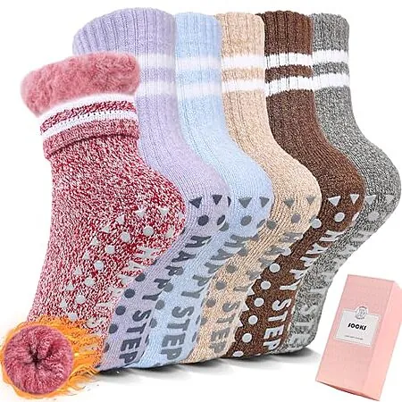 6-Pairs HUGSWEET Kids' Fuzzy Slipper Socks w/ Non-Slip Grips (6-12, Multicolor)