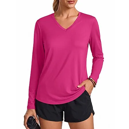 PINSPARK Women's Long Sleeve V Neck Workout Top (UPF 50+)