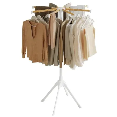 SONGMICS Foldable Clothes Drying Rack with Bamboo Rods (White & Natural)