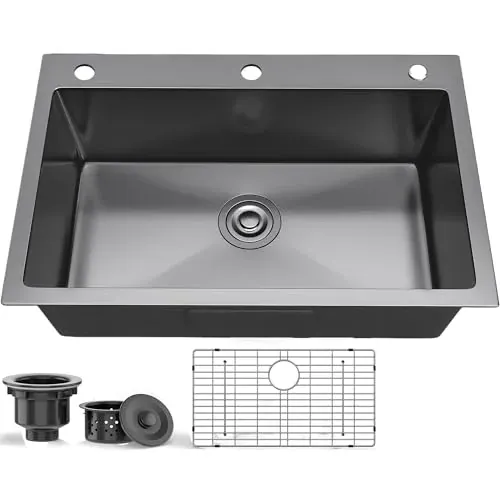ITAHOME Gunmetal Black Drop in Kitchen Nano Sink with Grid 28in