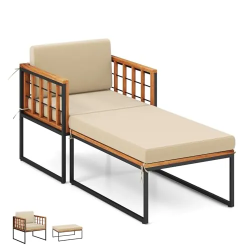 Tangkula Acacia Wood Chaise Lounge Chair & Ottoman Set, 1200 lbs Capacity (Beige)