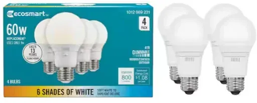 EcoSmart 60-Watt Equivalent A19 E26 Base Dimmable LED Light Bulb with Selectable Color Temperature (4-Pack)