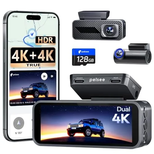Pelsee S1 Pro 4K Front and Rear Dash Cam with 128GB Card