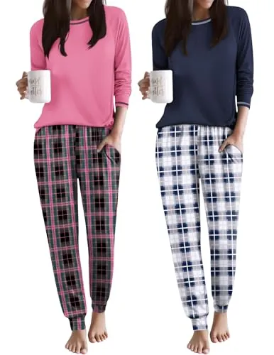 Ekouaer 2 Pack Womens Pajama Sets Soft Jogger Pjs Long Sleeve Lounge Sets