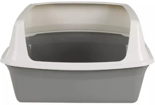 ExquisiCat Plastic Rimmed High-Sided Cat Litter Box, Open Top, Gray/White