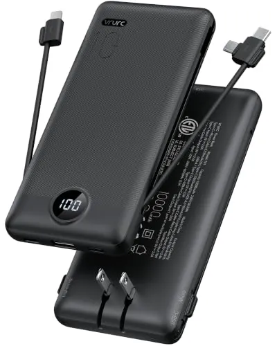 VRURC 10000mAh Travel Power Bank with Built-In Plug & Cables