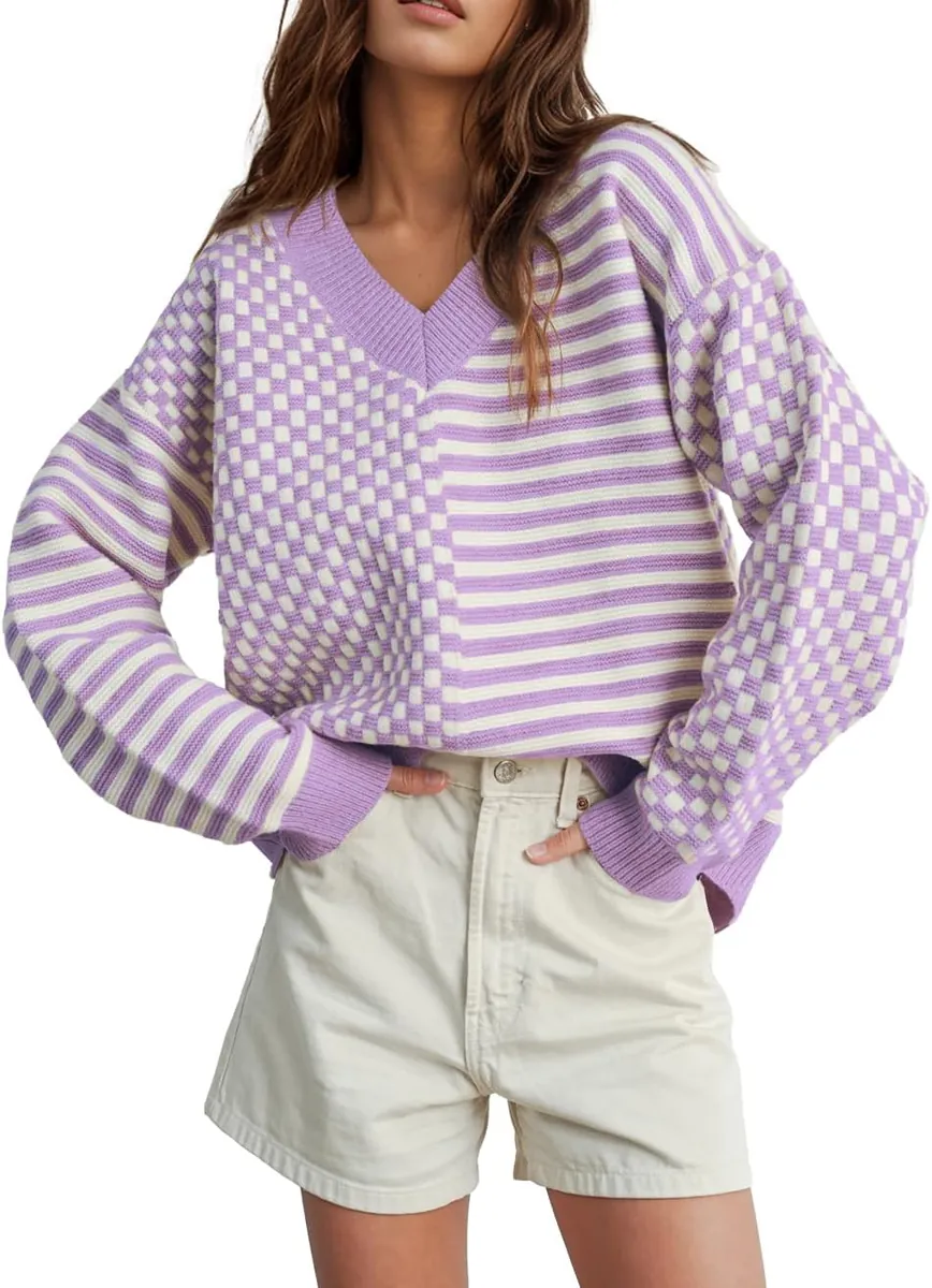 UNCLECAT Women’s Striped Checkered Sweater