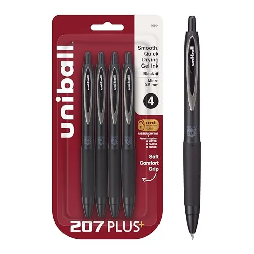 Uni-Ball 207+ Retractable Gel Pens 4-Pack (Black, 0.5mm)