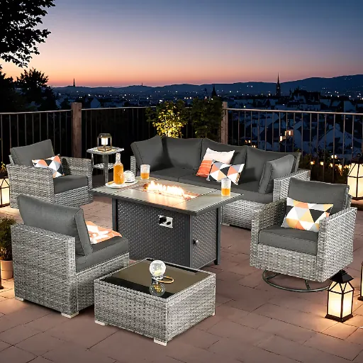 Toject 9-Piece Wicker Outdoor Patio Conversation Sofa Sectional Set with 42in Metal Fire Pit