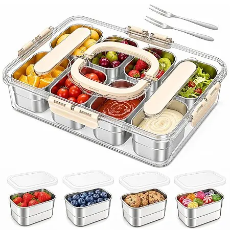 Gifhomfix 8-Compartment Stainless Steel Snackle Box w/ Carrying Handle & 2 Forks