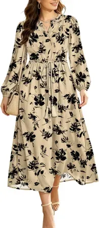 BOHOWE Women's Long Sleeve Floral Boho Maxi Dress w/ Pockets